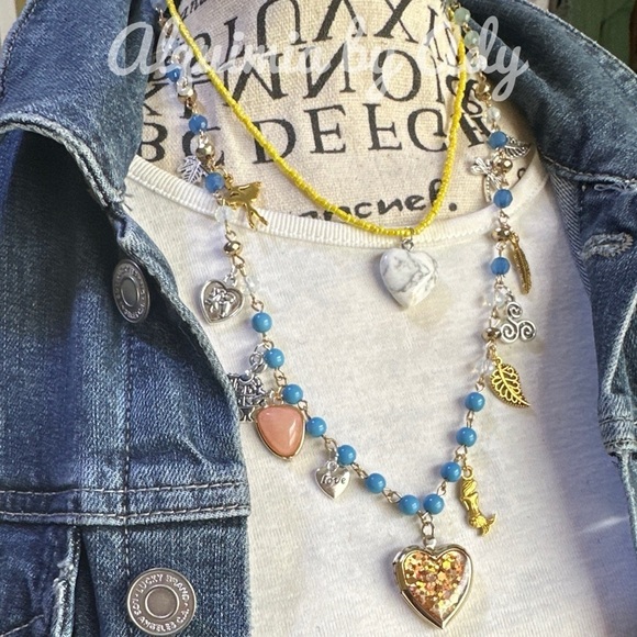 Alquimia Blue and Gold Heart Charm Necklace